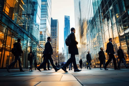 A vibrant city street scene captures professionals walking amidst stunning skyscrapers during golden hour, showcasing urban life and modern architecture.