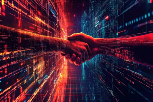 This striking image portrays a handshake set against a vibrant, high-tech backdrop, symbolizing partnership and innovation in the digital age.