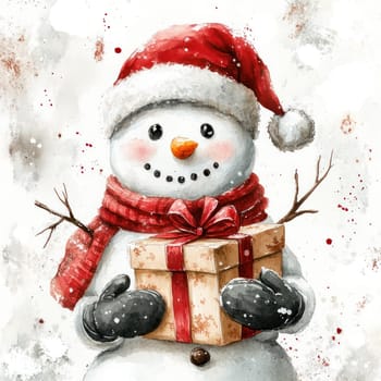 Watercolor cheerful snowman wearing red hat and scarf holds gift box, spreading holiday joy. snowy background enhances festive atmosphere.
