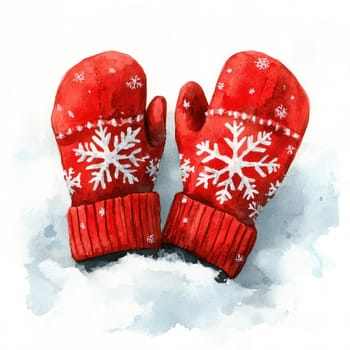 Watercolor Warm red mittens with snowflakes resting on soft snow.