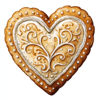Watercolor Delightful heart shaped gingerbread cookie with intricate design.