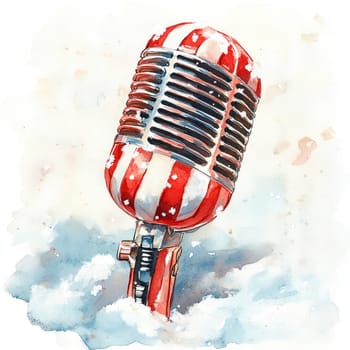Watercolor Watercolor microphone with red and white stripes, surrounded by soft clouds.