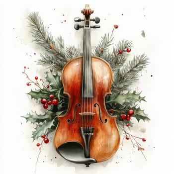Watercolor beautiful violin surrounded by festive greenery and red berries, evoking warm holiday spirit. Perfect for seasonal decor or music themed celebrations.