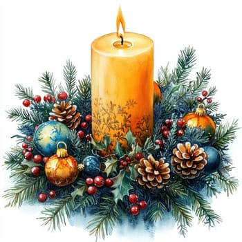 Watercolor glowing orange candle surrounded by festive decorations and greenery.