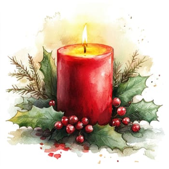 Watercolor vibrant red candle surrounded by holly leaves and berries creates warm, festive atmosphere perfect for holiday season. soft glow of flame adds cozy touch.