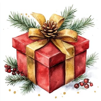 Watercolor festive gift box adorned with golden ribbon and pine accents.