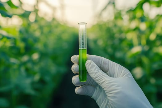 A hand in a glove holds a test tube containing vibrant green liquid, highlighting scientific exploration in a greenhouse filled with lush plants.