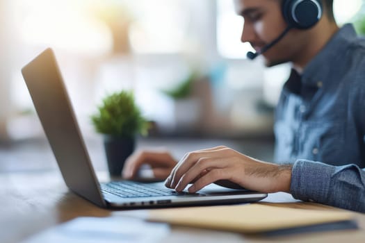 A young man engages in work on his laptop while wearing a headset, showcasing focus in a modern office setting with natural light and greenery.