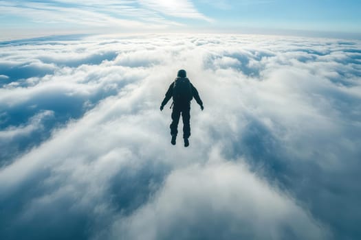 A skydiver floats gracefully above a sea of fluffy clouds, capturing a moment of thrill and serenity against a bright blue sky.