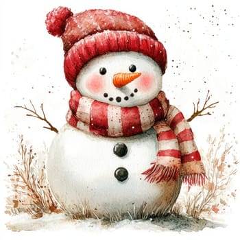 Watercolor cheerful snowman wearing red hat and striped scarf in winter.