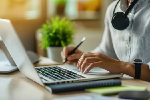 A person focused on work, using a laptop while wearing headphones in a bright modern office with a green plant. Perfect for themes of productivity and creativity.