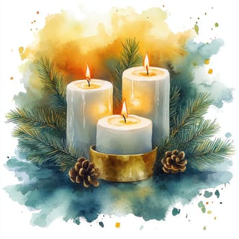 Watercolor Trio of white candles surrounded by pine branches and pine cones, creating warm and inviting atmosphere. Perfect for cozy settings and festive occasions.