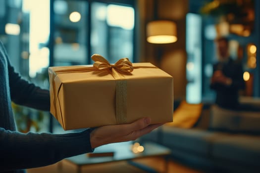 A person holds a beautifully wrapped gift box adorned with a golden ribbon in a cozy living room. The inviting atmosphere captures the essence of warmth and joy during special moments.