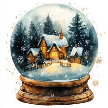 Watercolor charming snow globe featuring cozy cottage surrounded by snow covered trees and softly glowing windows, evoking warm winter atmosphere.
