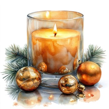 Watercolor golden candle surrounded by festive ornaments and pine branches.