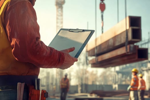 A construction worker stands on a job site, holding a clipboard and overseeing the lift of steel beams, ensuring safety and progress of the project.