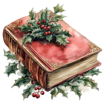 Watercolor vintage book adorned with holly leaves and berries, perfect for holidays.