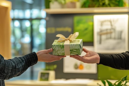 A close-up view of a person handing over an eco-friendly gift wrapped in green paper, symbolizing thoughtfulness and celebration in a modern, vibrant setting.