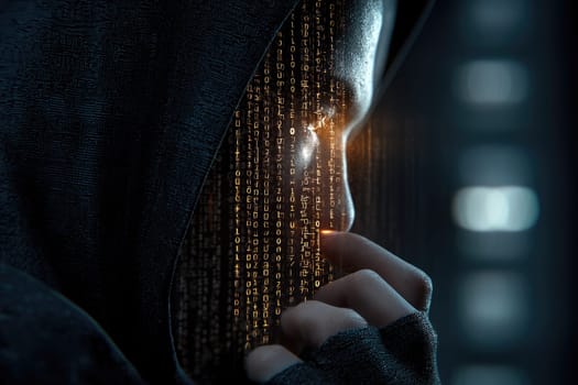 Anonymous coder: hacker dismantling binary barriers while cloaked in hoodie, embodying mystique of underground tech culture, challenging systems with skillful precision, stealth in digital realm