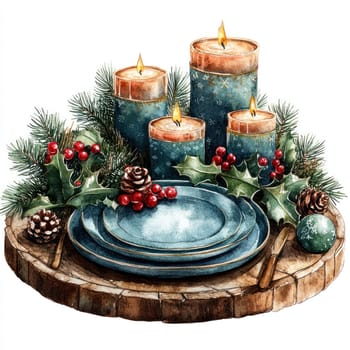 Watercolor Cozy Christmas dinner setting with candles, plates, and greenery.