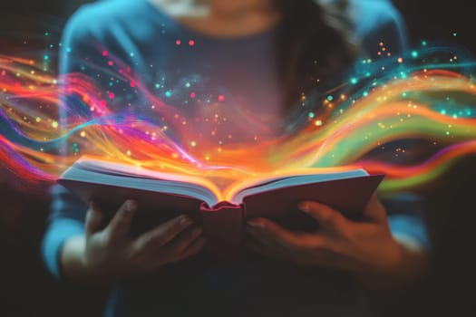 A captivating image of an open book radiating vibrant streams of colorful light in a dark setting, symbolizing the magic of knowledge and creativity.