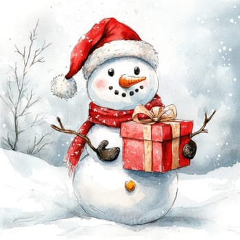 Watercolor cheerful snowman wearing red hat and scarf holds gift box in snowy landscape, evoking festive winter spirit.
