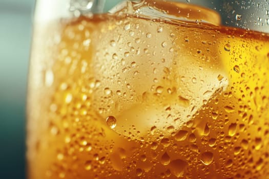 A close-up view of a refreshing orange beverage in a glass, featuring ice cubes and condensation. Perfect for summer vibes.