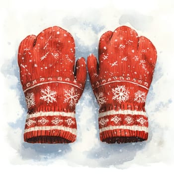 Watercolor Warm red mittens with snowflake patterns resting on snow.