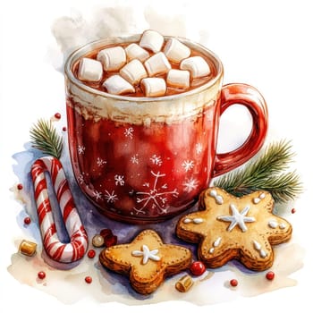 Watercolor cozy red mug filled with hot chocolate topped with marshmallows, surrounded by festive cookies and candy cane, evokes warmth and holiday cheer.