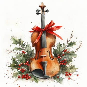 Watercolor beautiful violin adorned with red ribbon, surrounded by holly and berries, captures festive spirit of holiday season. This watercolor artwork evokes warmth and joy.
