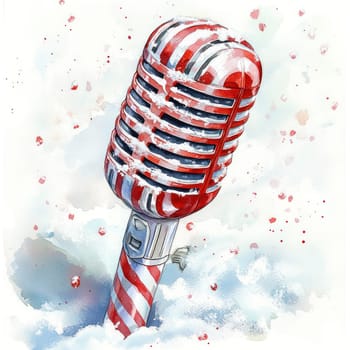 Watercolor Decorated microphone in snow, showcasing festive colors and charm.