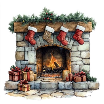 Watercolor Cozy Christmas fireplace with stockings, gifts, and warm fire glow.