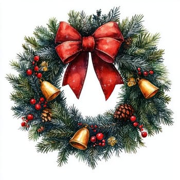 Watercolor Festive wreath with red bow, bells, and pinecones, perfect for celebrations.
