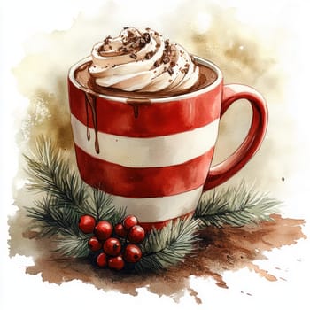 Watercolor Warm and cozy red and white striped mug filled with hot chocolate.