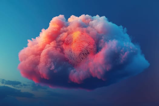 A striking cloud formation features a colorful fingerprint pattern, blending artistry and nature, evoking themes of identity and uniqueness against a serene sky.