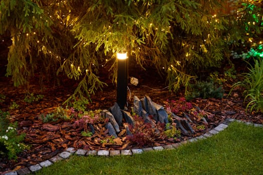 A lit garden corner showcasing decorative lights and vibrant, colorful plants arranged attractively