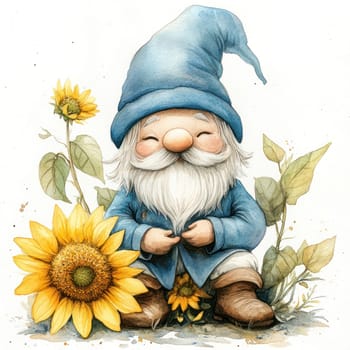 Watercolor cheerful gnome with blue hat sits among sunflowers, radiating joy and warmth. whimsical scene captures essence of nature and happiness.
