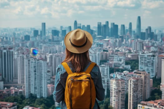 A young woman stands on a rooftop, wearing a hat and backpack, as she admires the vibrant urban skyline filled with clouds and buildings.