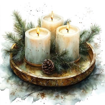 Watercolor Trio of white candles surrounded by pine branches and pine cone, creating warm and inviting atmosphere. Perfect for cozy settings and festive decor.
