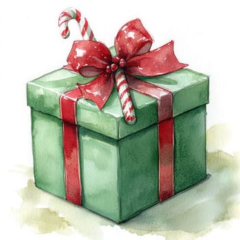 Watercolor small green gift box adorned with red ribbon and candy cane, perfect for festive occasions. This watercolor artwork captures joy of giving.