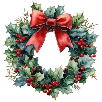 Watercolor Joyful Christmas wreath with red bow, holly, and pinecones.
