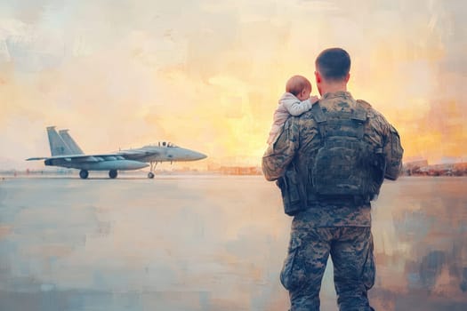 A heartfelt scene featuring a soldier cradling a baby, watching a jet take off at sunrise on a military base. The moment captures love, duty, and hope.