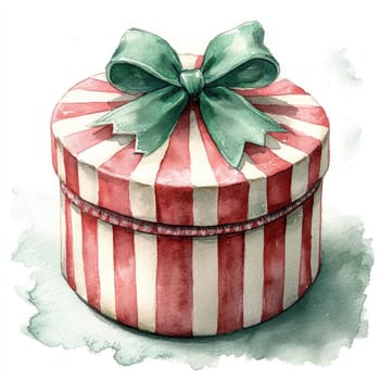 Watercolor round gift tin with red and white stripes and green bow, perfect for celebrations.