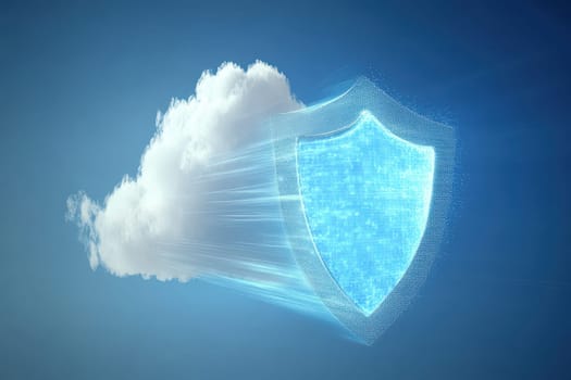 A vibrant digital shield symbol emerges from a cloud under a bright blue sky, representing concepts of cybersecurity and data protection in a modern context.