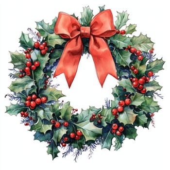 Watercolor vibrant Christmas wreath adorned with red berries and bow.