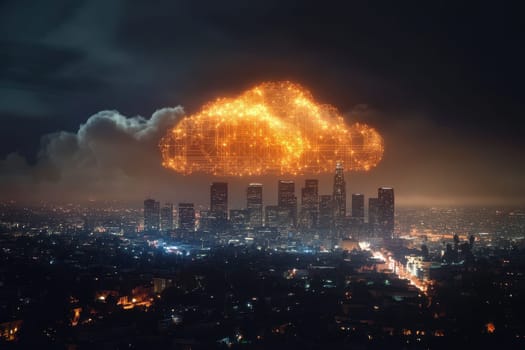 A stunning cityscape of Los Angeles at night, featuring a glowing digital cloud symbolizing technology and innovation. The skyline shines with lights.