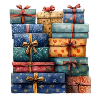 Watercolor Colorful stack of wrapped Christmas gifts with decorative bows and patterns, perfect for holiday celebrations and festive decorations.