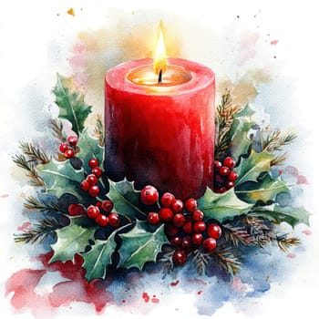 Watercolor vibrant red candle surrounded by holly and berries creates warm, festive atmosphere perfect for holiday season. watercolor effect adds charming touch.
