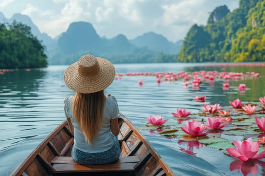 A serene scene of a woman in a straw hat sitting on a boat amidst vibrant pink lotus flowers in a tranquil lake, reflecting nature's beauty and harmony.