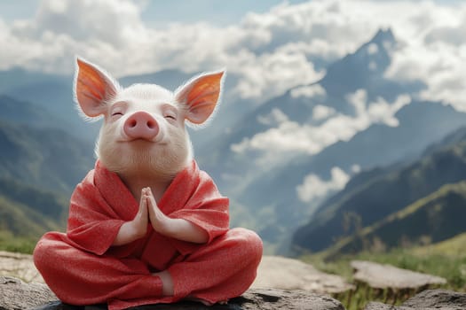 A charming piglet sits in a serene meditation pose, draped in a soft robe, amidst breathtaking mountains and drifting clouds. Perfect for promoting peace and mindfulness.